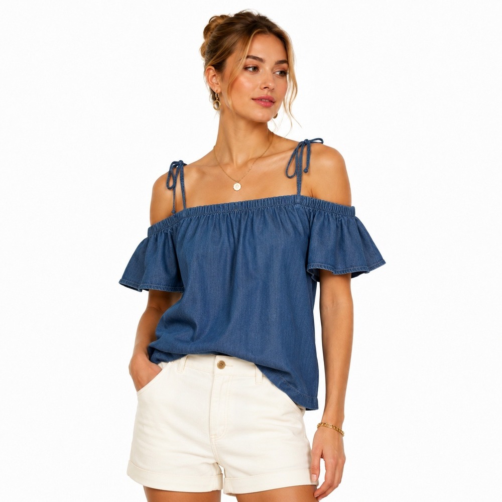 Daniel Rainn Womens Blue Lyocell Cold Shoulder Flutter Sleeve Top Size L NWT